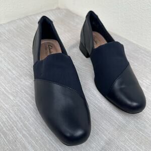Clarks Juliet Gem Navy Leather Loafers Comfort Slip On Shoes Women 8M